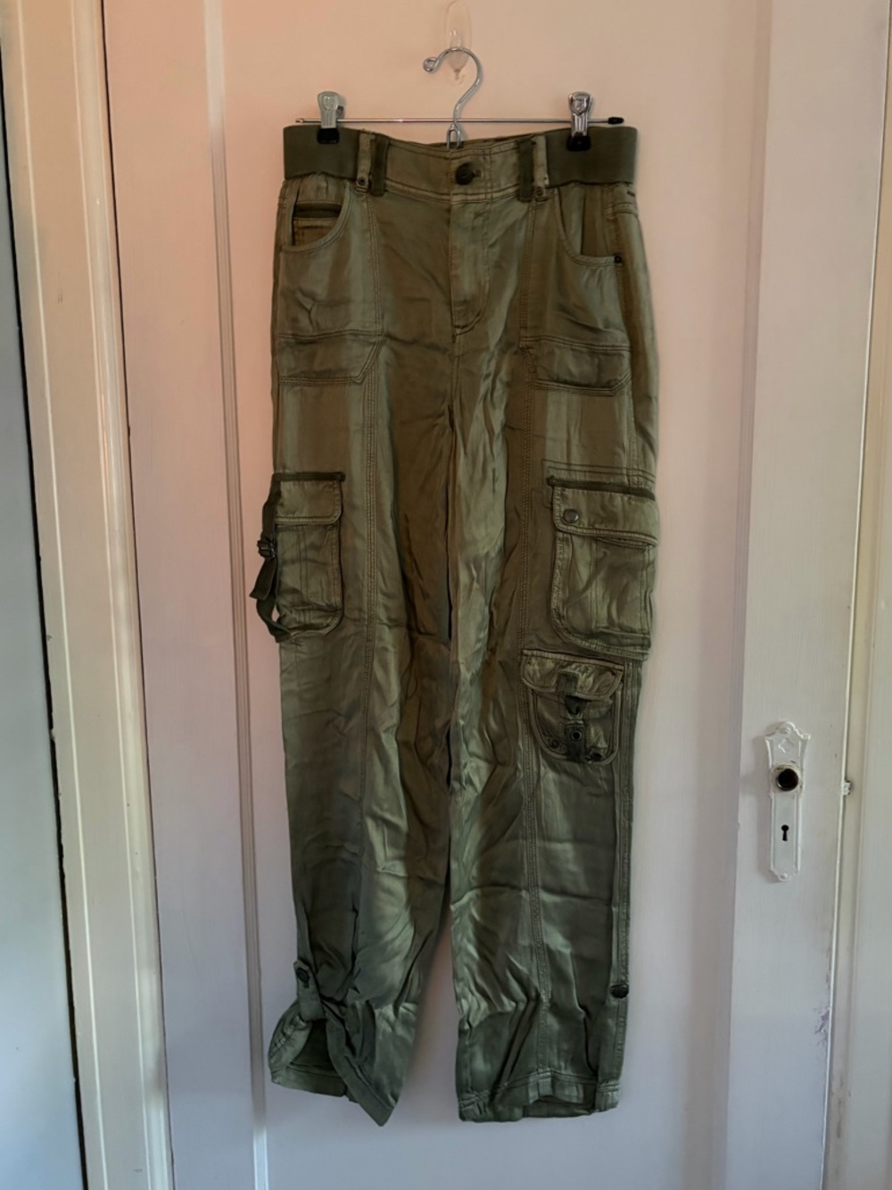 Marrakech Silky Olive Green Women's Cargo Joggers with Multiple Pockets